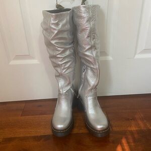 Dr. Martens Silver Metallic Knee-High Heeled Boots
